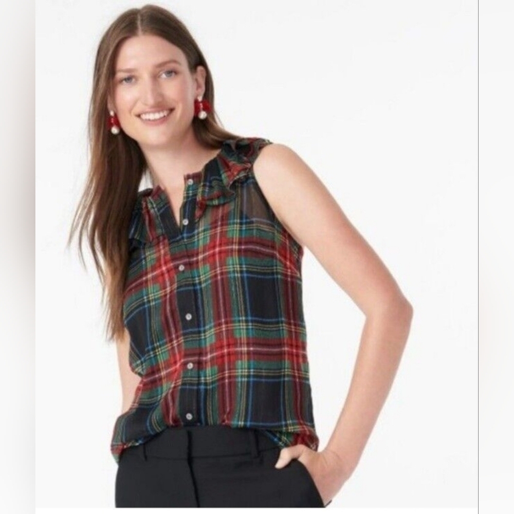 J. Crew Ruffle Neck Blouse Tartan